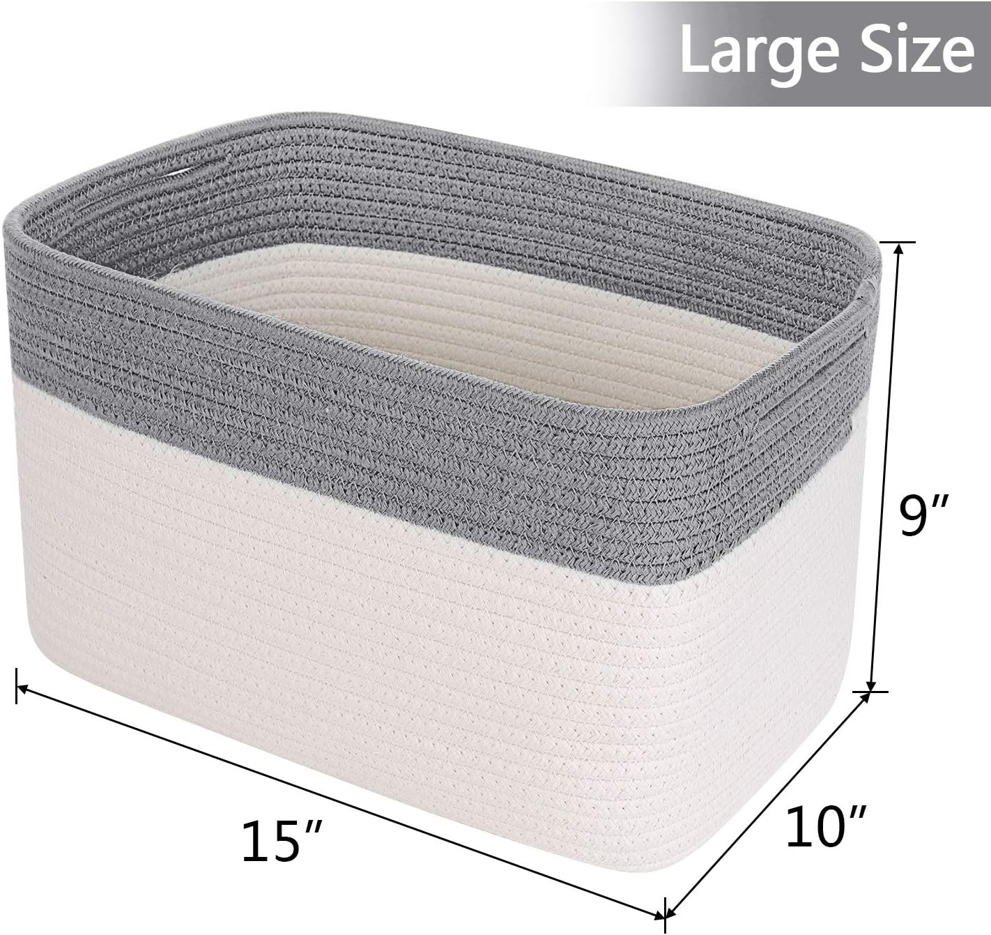 ANMINY 2PCS Woven Cotton Rope Storage Baskets with Handles Large Washable Basket Set Decorative Storage Bins Boxes Nursery Baby Kid Toy Blanket Clothes Towel Laundry Organizer Containers - White/Gray -