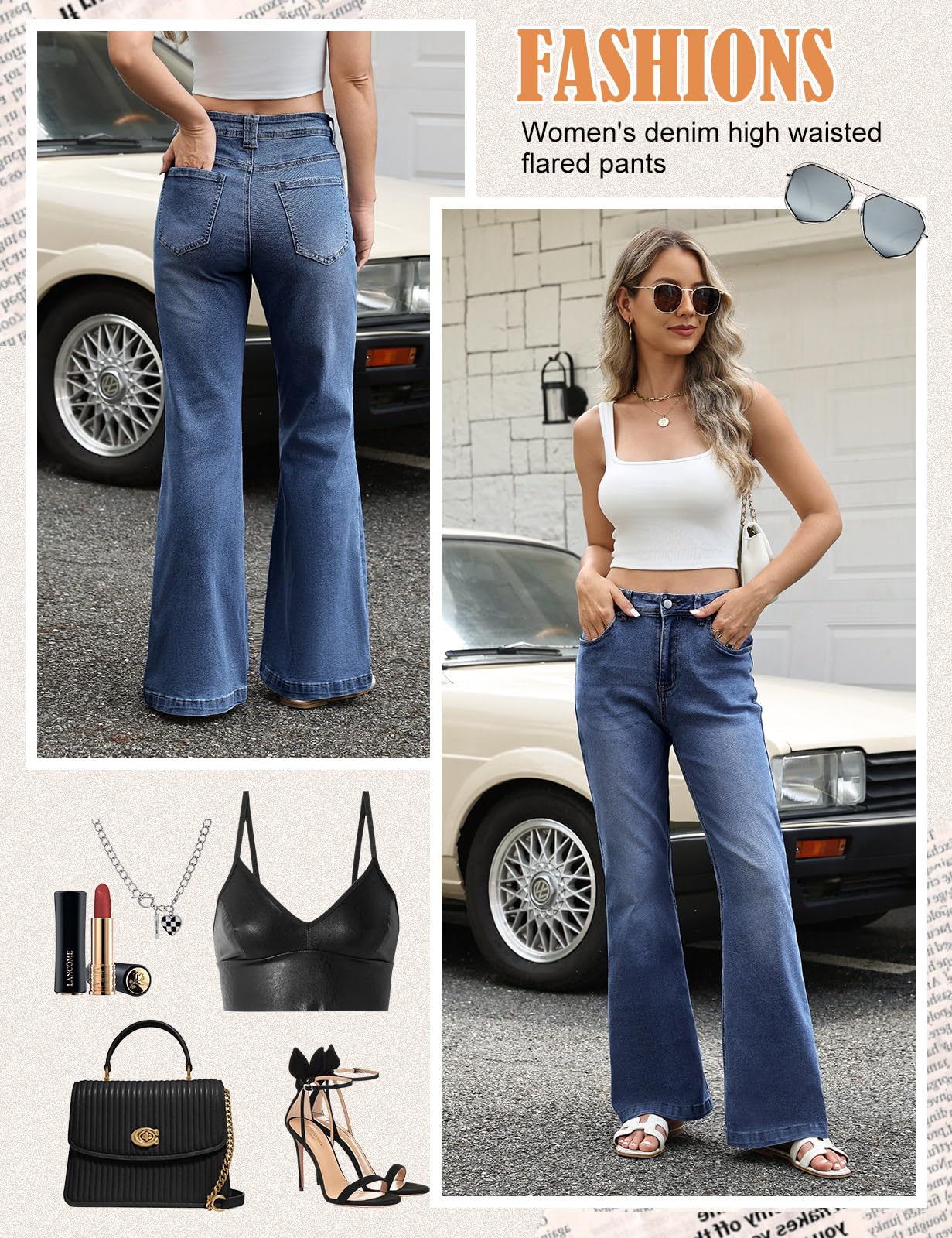 Vaqueros Mujer Elásticos Pantalones de Campana Cintura Alta Jeans Flare Pantalones Bootcut Vaqueros Slim Fit Retro Tallas Grandes con Bolsillos