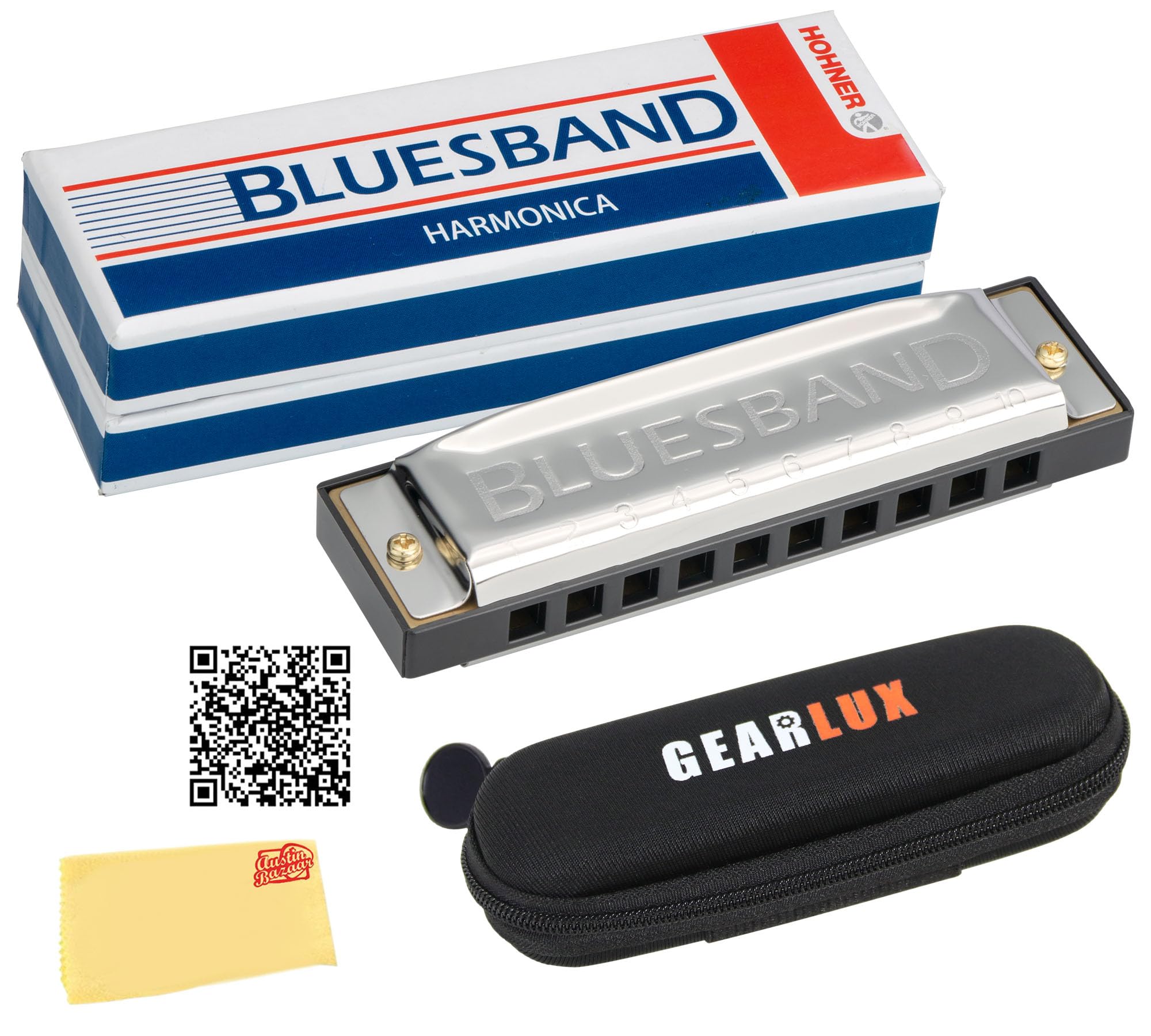 Blues Band Harmonica - Key of C Bundle with Case, Pouch, Online Manual, and Austin Bazaar Polishing Cloth