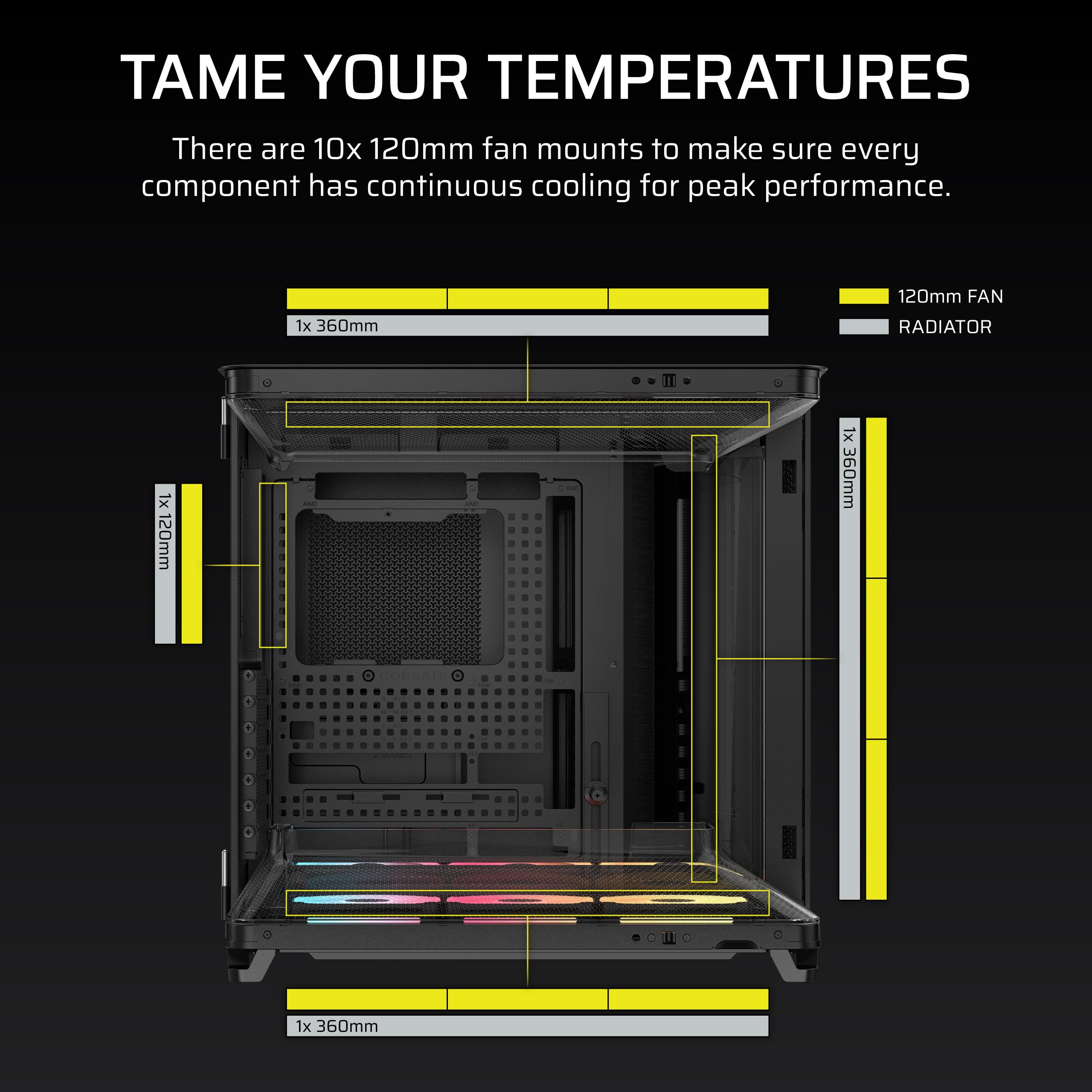 CORSAIR AIR 5400 LX-R RGB iCUE LINK trzykomorowa obudowa Mid-Tower Panoramiczna PC – 3 x wstępnie zainstalowane wentylatory LX-R RGB z odwróconym wirnikiem, niski poziom hałasu, kanały o wysokim