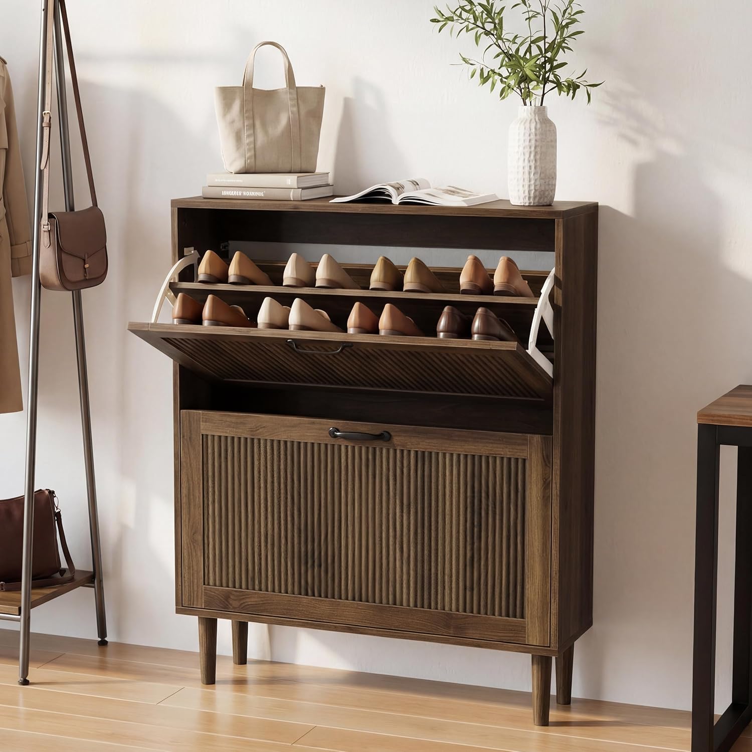 Smuxee Walnut Shoe Cabinet with 2 Flip Drawers, 31.5" Hidden Shoe Storage Cabinet with Small Fluted Doors, Freestanding Shoe Organizer Cabinet for Entryway, Hallway, Living Room