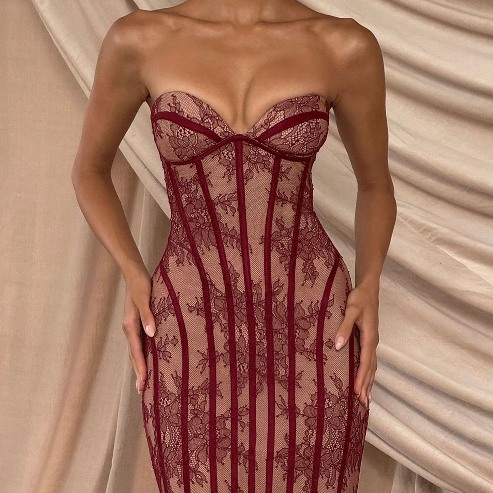 Abito da sera lungo formale da donna, senza spalline, pizzo floreale, corsetto, abito stretto per eventi sul tappeto rosso ed elegante riunioni, maxi abito aderente