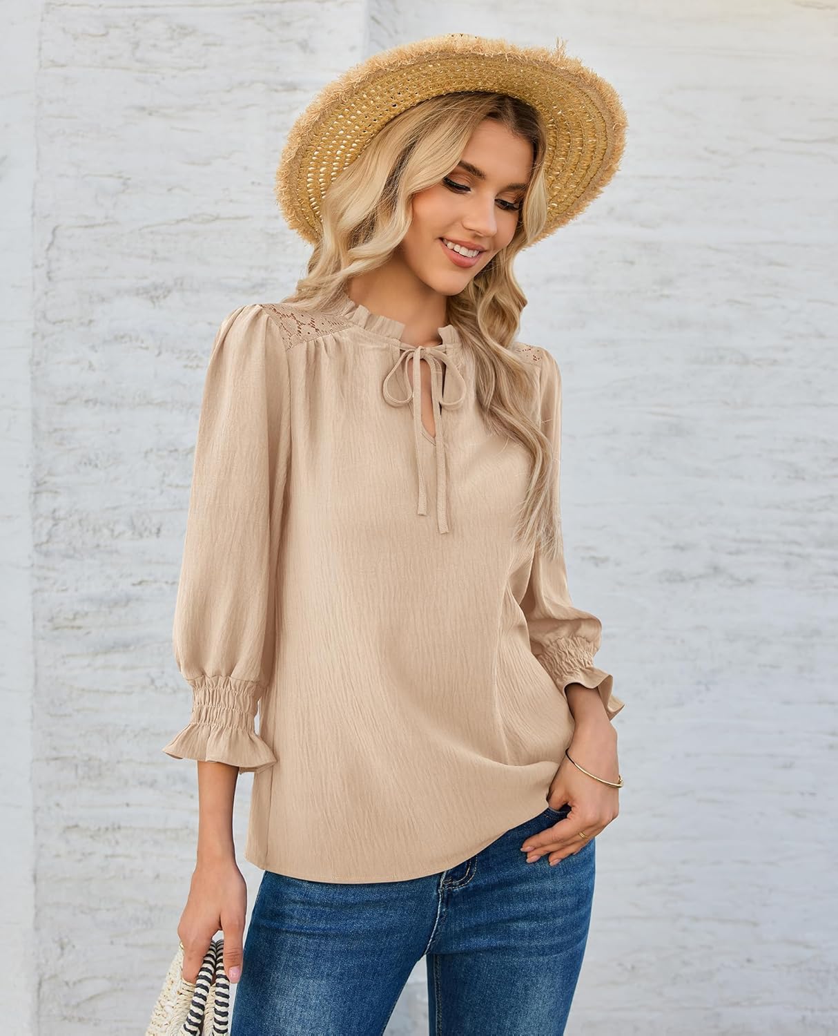 siliteelon Blouses for Women Dressy Casual 3/4 Length Sleeve Womens Tops Ruffle Collar Tie Front Lace Cute Spring Summer - Image 3