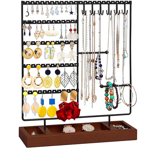 X-cosrack Earring Holder,5-Tier Ear Stud Holder with Wooden Tray,Jewelry Organizer Holder for Earrings Necklaces Bracelets Watches and Rings,Earring Display Stand with 132 Holes,Black