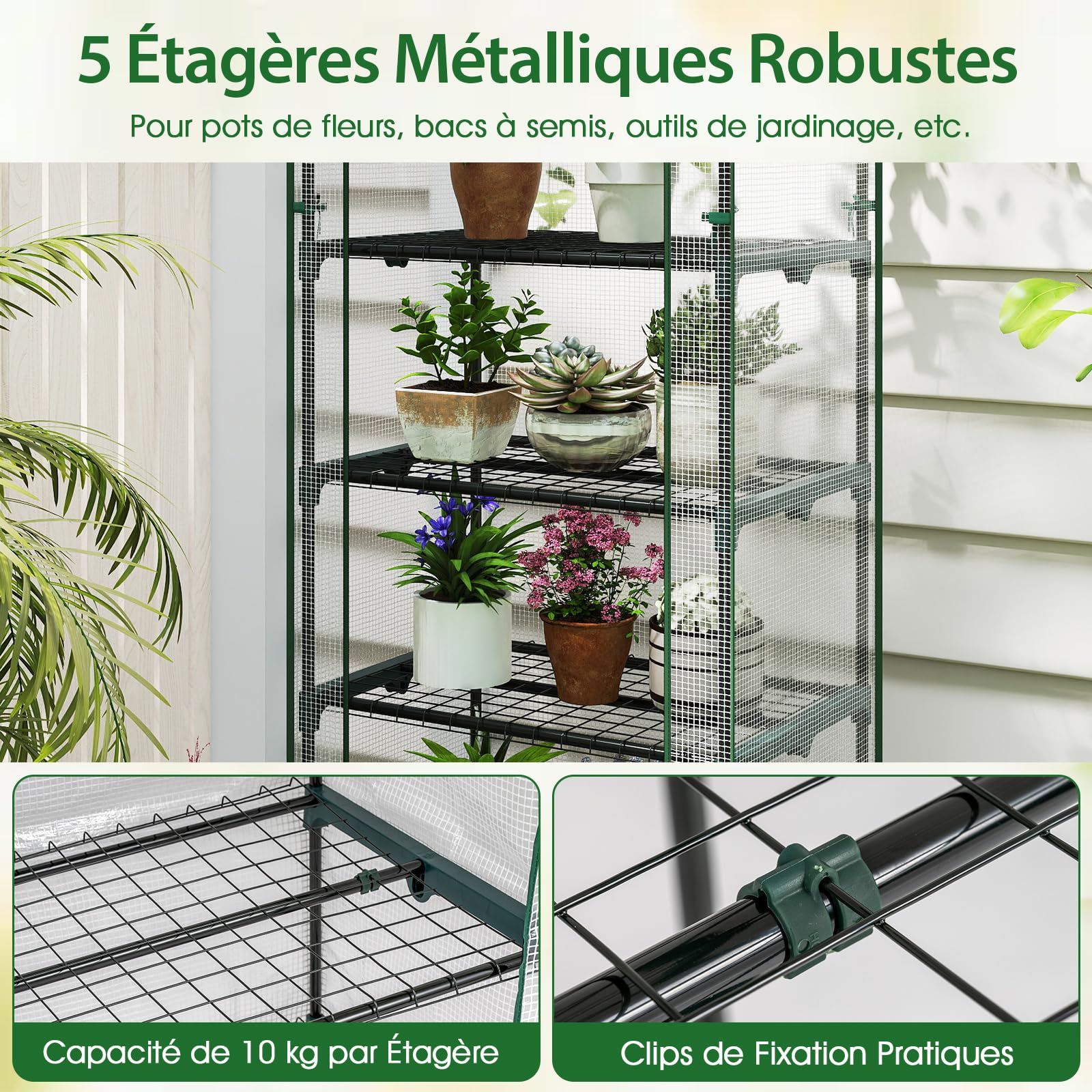 COSTWAY Serre de Jardin avec 5 Étagères, Mini Serre Extérieur avec Housse en PE Porte Enroulable Cadre en Métal Électro-Couvert Antirouille, pour Tomates Plantes, 69 x 48 x 190 cm