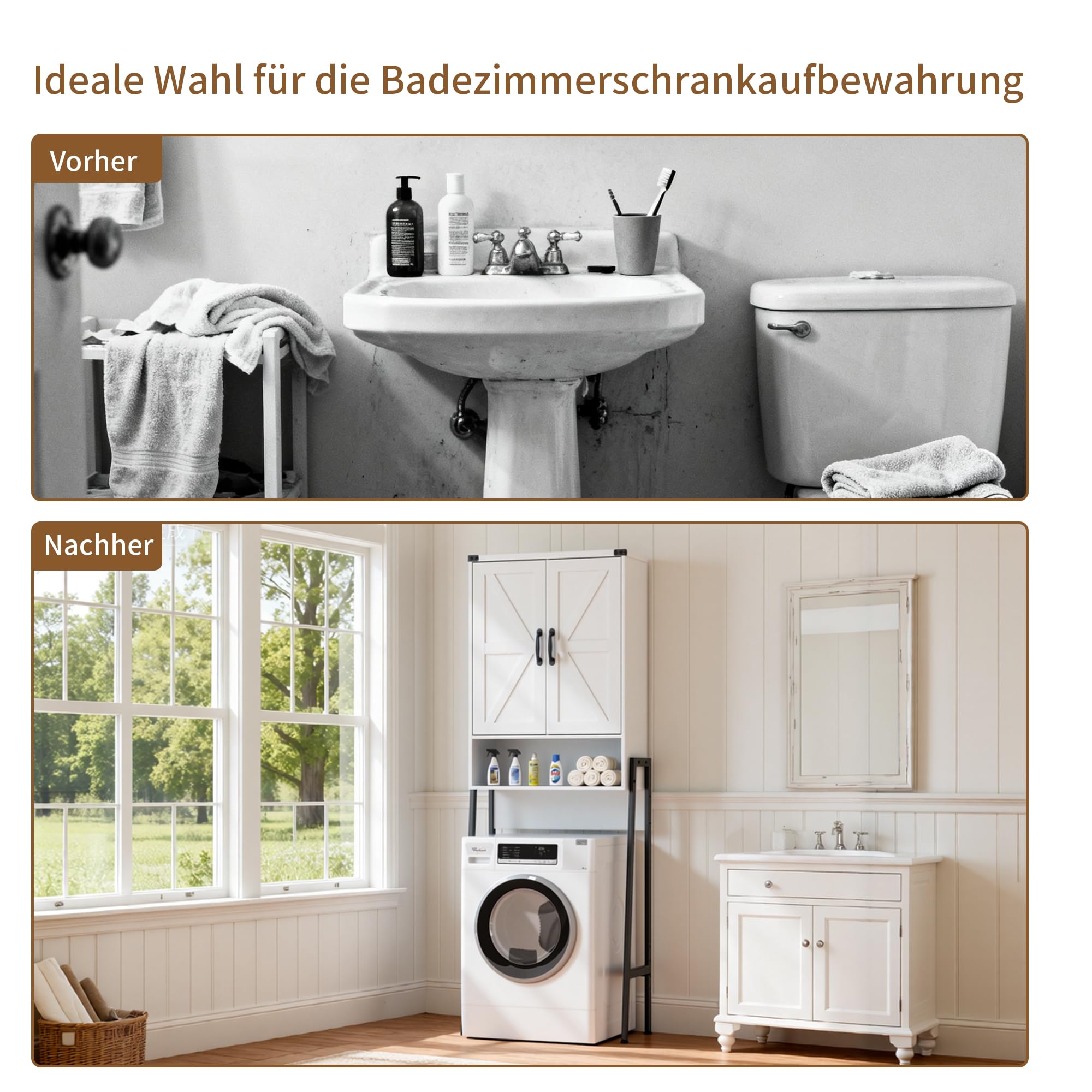BonVache Holz Toilettenregal mit Türen, Badezimmerregal mit 6 Ablageflächen, Regalen für kleine Waschmaschinen, Toilettenschrank für Badezimmer, 171x59.6x25.3cm, Weiß