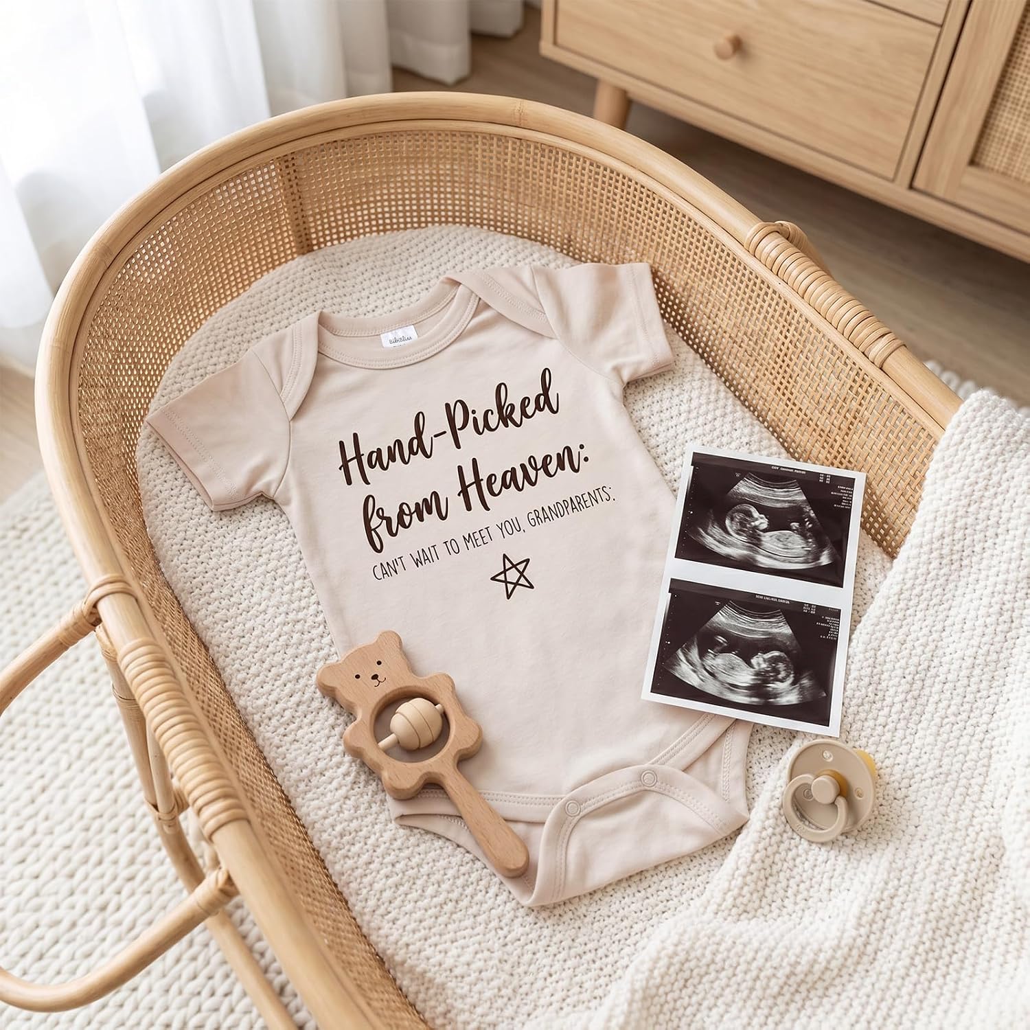 Hand-Picked from Heaven: Can't Wait to Meet You Grandparents Pregnancy Reveal Infant Bodysuit, 0-3 Months Baby Announcement Onesie, Custom Onesie for Grandparents (oat)