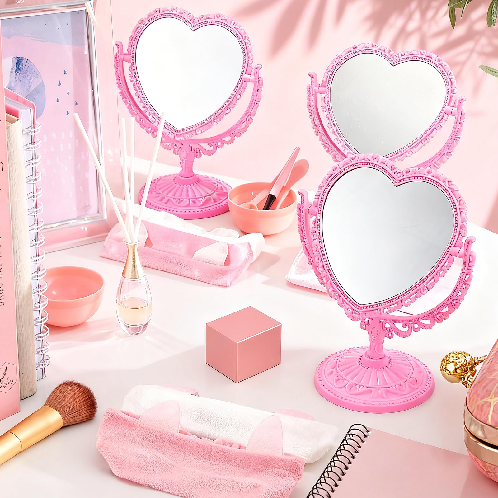 64 Stück rosa Spa-Übernachtungsparty-Zubehör, inklusive 8 rosa Herzspiegel, 8 Jade-Roller, 8 Gesichtsmasken-Applikator-Pinsel, 8 Schleifen-Haarbänder, 8 Rührschüsseln, Hautpflege-Werkzeuge für Spa
