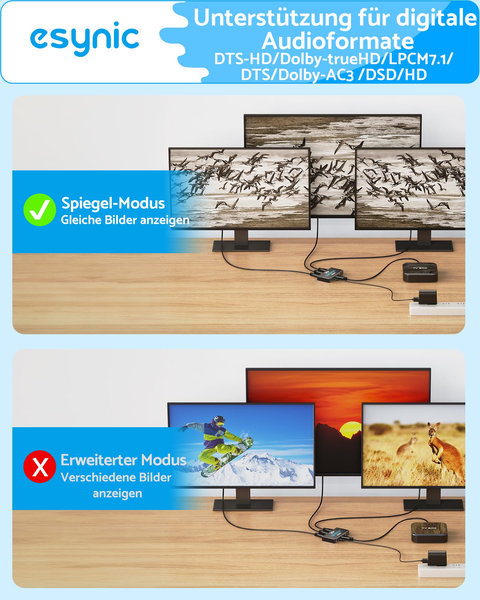 eSynic 4K HDMI Splitter Verteiler 1 in 3 Out – Metallgehäuse, HDCP 1.4, Dolby/DTS Unterstützung, 3D Kompatibilität, für PS4, Laptop, Blu-ray, HDTV – Nur Spiegelmodus, kein Erweiterungsmodus