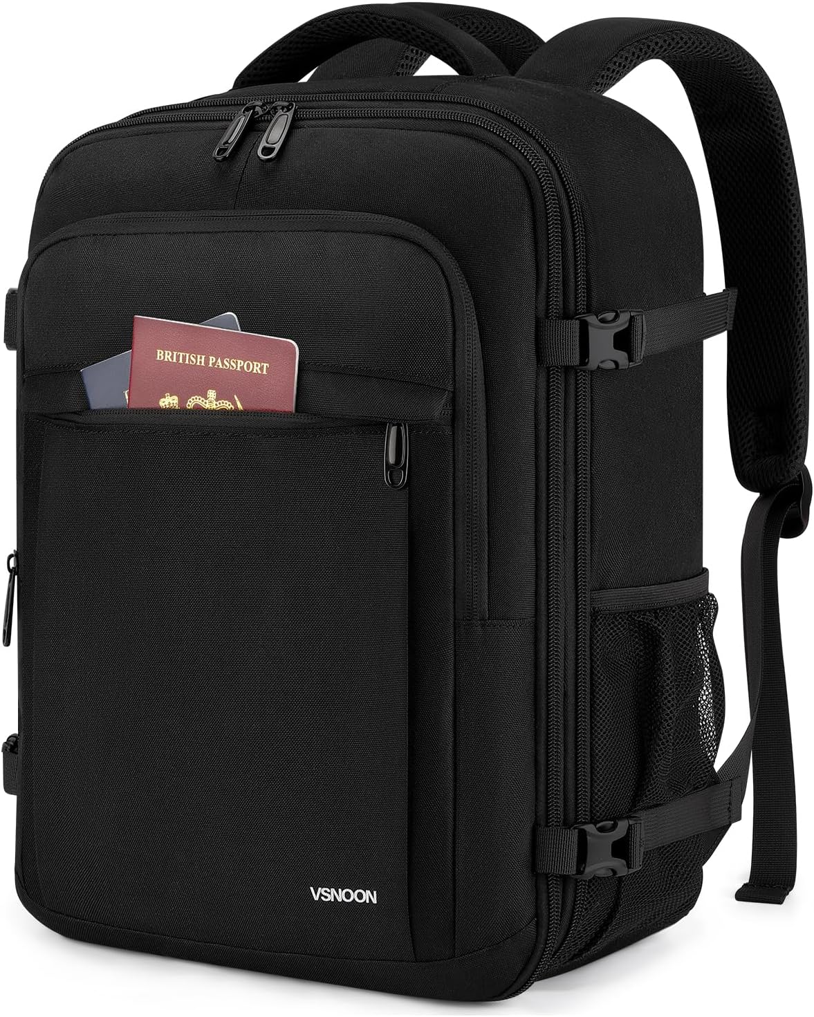 VSNOON Handgepäck Rucksack, Erweiterbare Reisetasche 24L bis 30L, Wasserdicht Rucksack Handgepäck Flugzeug mit Nassfach, Ryanair Handgepäck 40x30x20 für 15 Zoll Laptop für Ryanair, Lufthansa, Schwarz