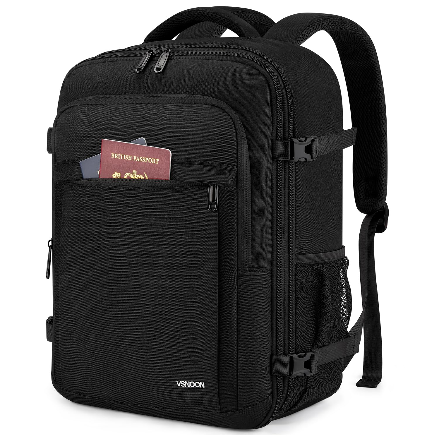 VSNOON Handgepäck Rucksack, Erweiterbare Reisetasche 24L bis 30L, Wasserdicht Rucksack Handgepäck Flugzeug mit Nassfach, Ryanair Handgepäck 40x30x20 für 15 Zoll Laptop für Ryanair, Lufthansa, Schwarz