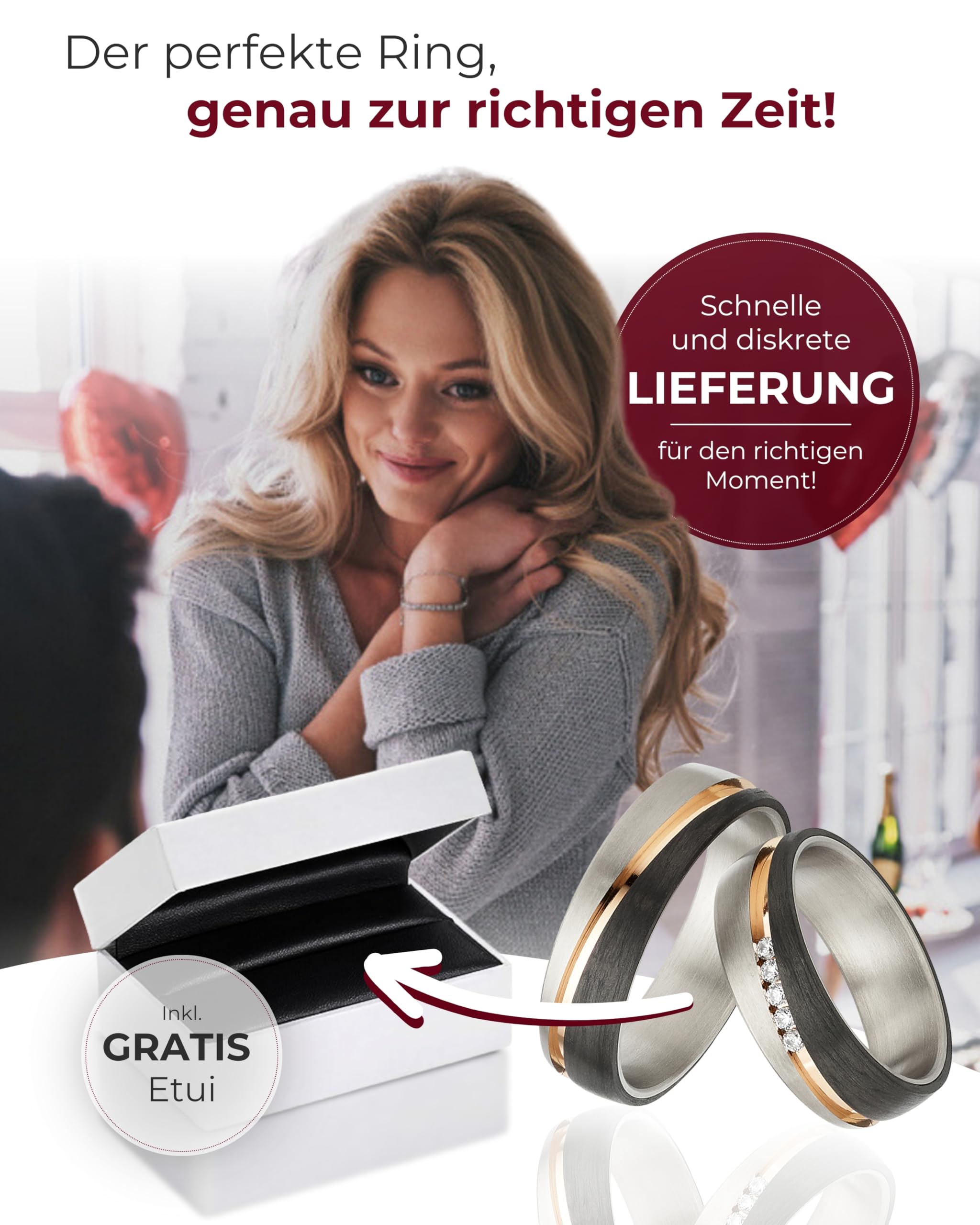 123traumringe Eheringe in Carbon & Titan I Partnerringe mit 5 Zirkonia & Etui I Gravierbare Eheringe mit Ringgröße 50-72 mm I Hochwertige Verlobungsringe in 6 mm Breite & 2 mm Stärke I S 57