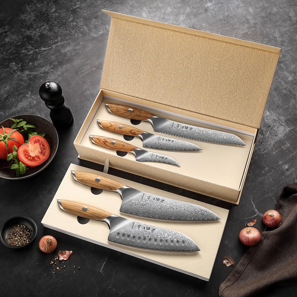 HEZHEN Zestaw noży kuchennych ze stali damasceńskiej 5 sztuk, profesjonalny zestaw noży szefa kuchni ze stali damasceńskiej, nóż Santoku, ergonomiczna rękojeść z drewna oliwnego