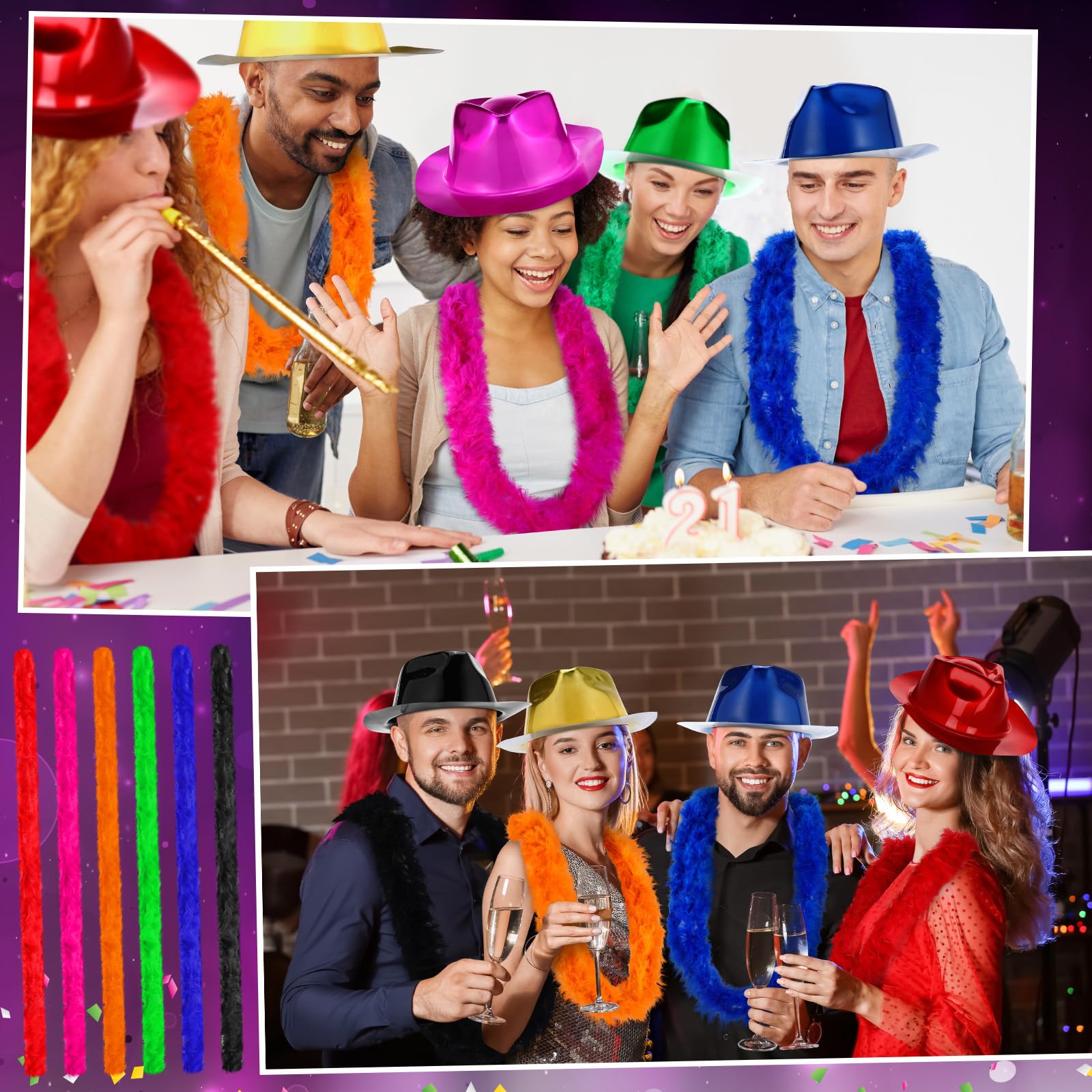 48 piezas de suministros de fiesta de neón, 24 sombreros de fiesta de gángsters, 24 boas de plumas coloridas, sombrero de neón de plástico metálico para carnaval