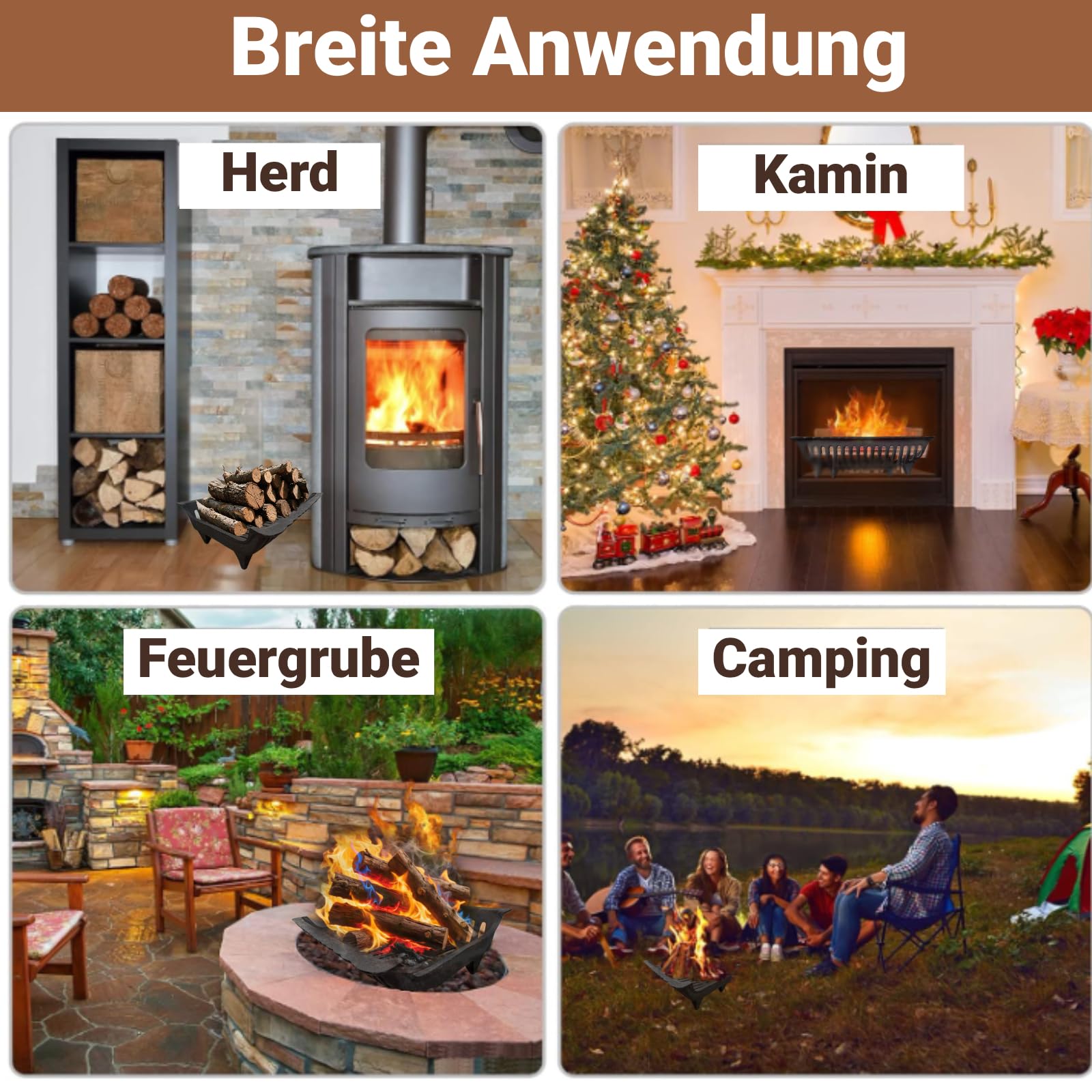Amagabeli 61cm Kaminrost Schwarz - Robuster Kaminrost aus Stahl, Feuerbock für Kamin, Kaminholzständer, Brennholzhalter, Scheitholzregal mit Füßen für Innen & Außen, Feuergitter