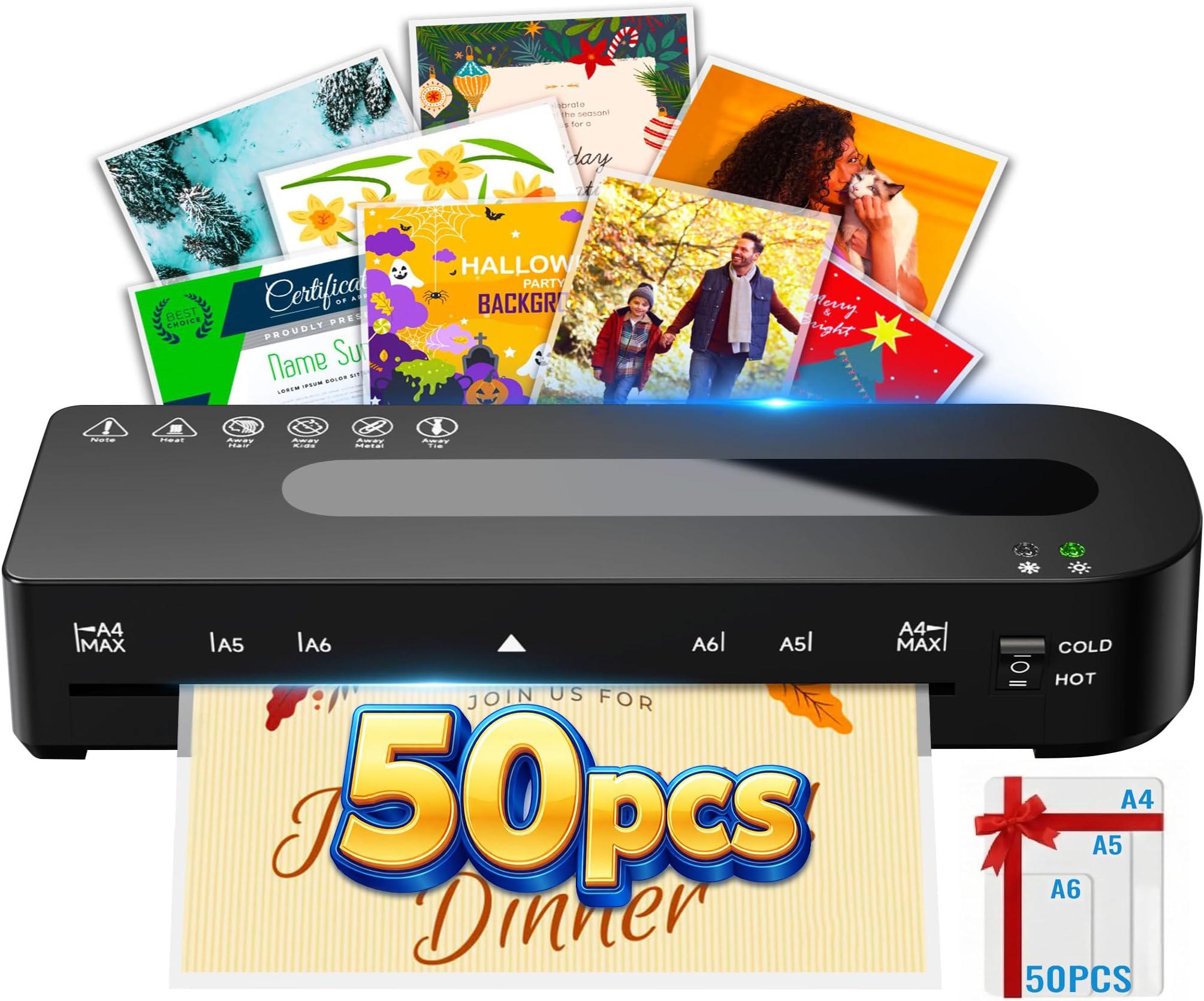 MAXDONE Laminator Machine A4 Laminator - Laminator Machine with 50 Laminating Pouches Cold and Thermal Laminator A4/A5/A6, Laminating Machine 80-125 Mic and 90s Warm Up for School Home Office (Black)