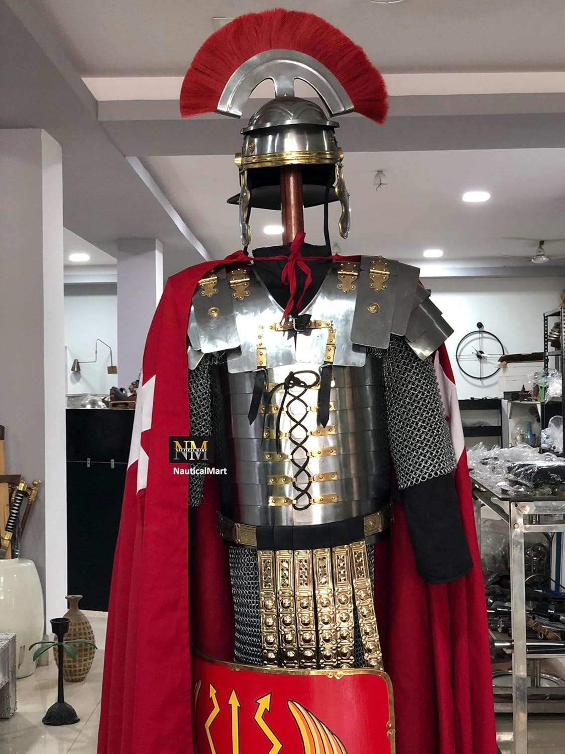 NauticalMart Roman Lorica Segmentata Armor with Attached Roman Cingulum Belt, Centurion Helmet, Roman Shield