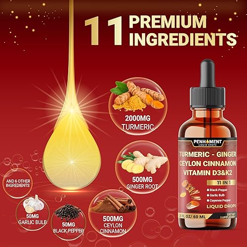 Miniatura 3 de Curcumina líquida de cúrcuma 11 en 1, 3300 mg con vitamina D3 K2, jengibre, canela de Ceilán, extracto de berberina, ajo, pimienta negra, extracto