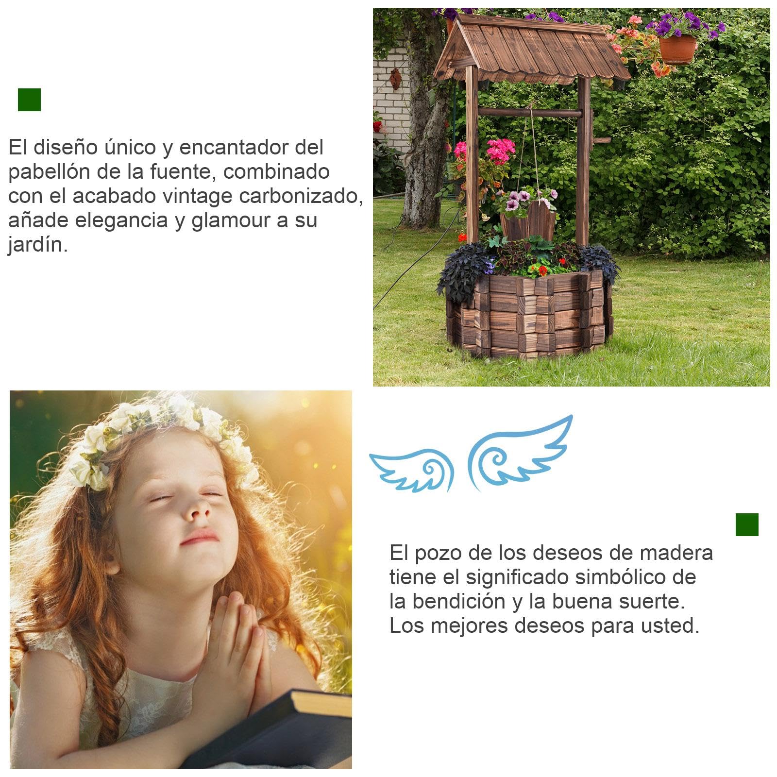 SOARS Pozo de Madera con Techo para Exterior, Fuente de Madera Regulable en Altura, Fuente Decorativa para Patio y Césped, 56 x 56 x 114cm