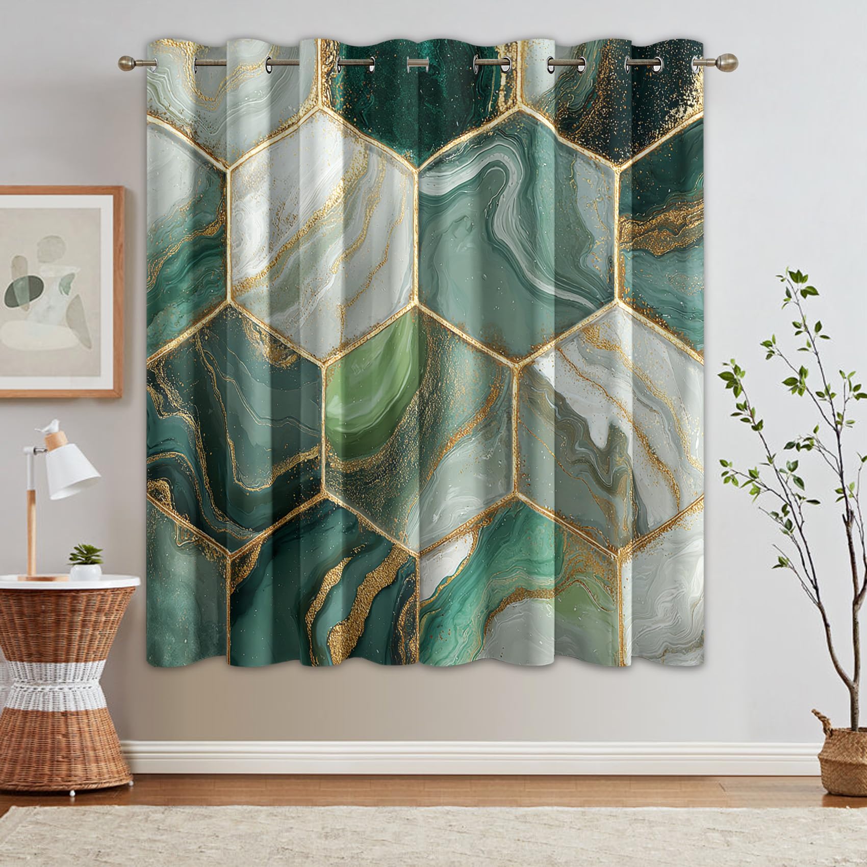 Marmor Vorhänge Mit ösen Blickdicht, Modern Grün Geometrisch Vorhang Schlafzimmer Wohnzimmer Küche 110 x 215 cm Lang, Übergardinen Innen Verdunklungsvorhänge