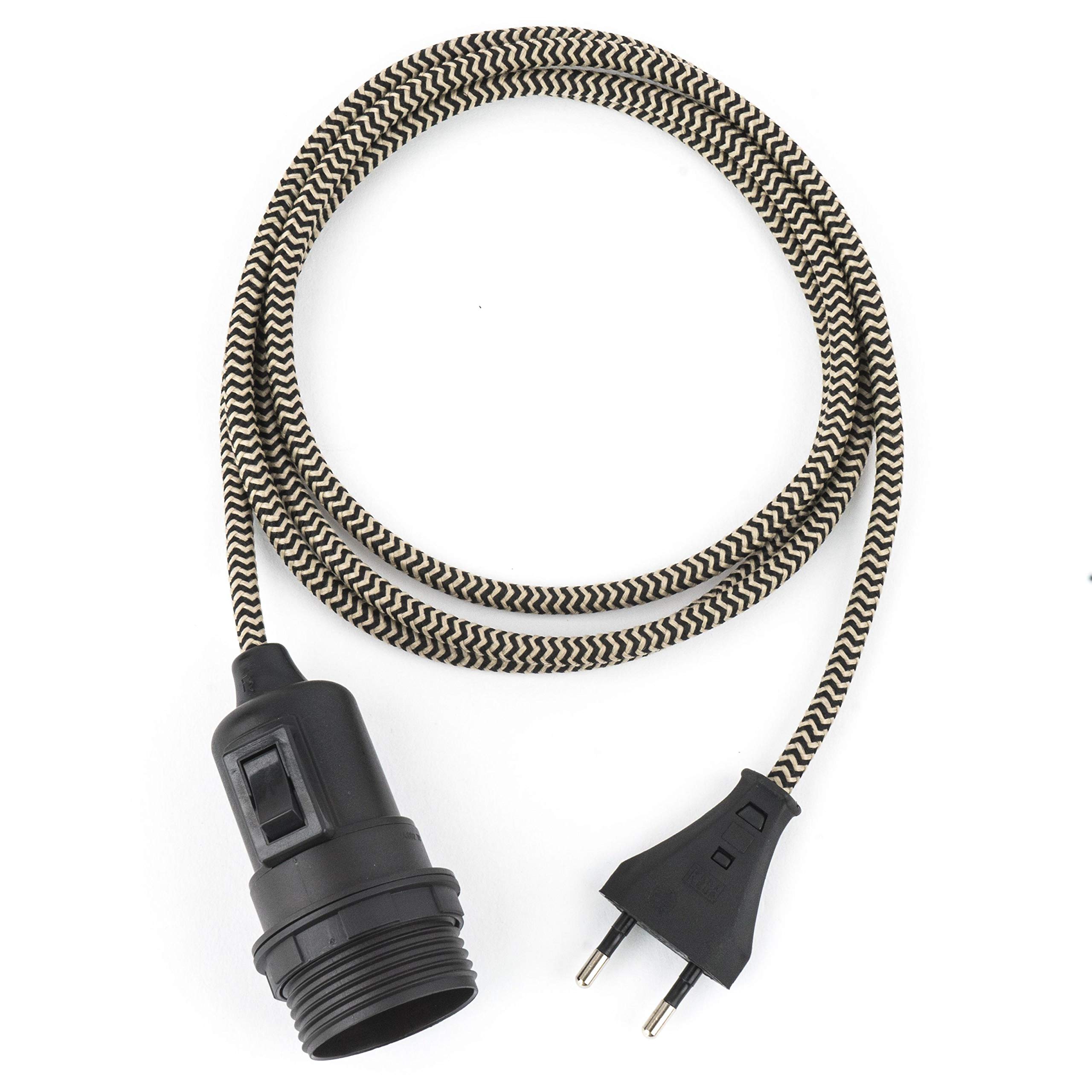 Cable de tela, lámpara colgante, cable de tela con portalámparas de termoplástico (manivela de metal) con interruptor y enchufe europeo