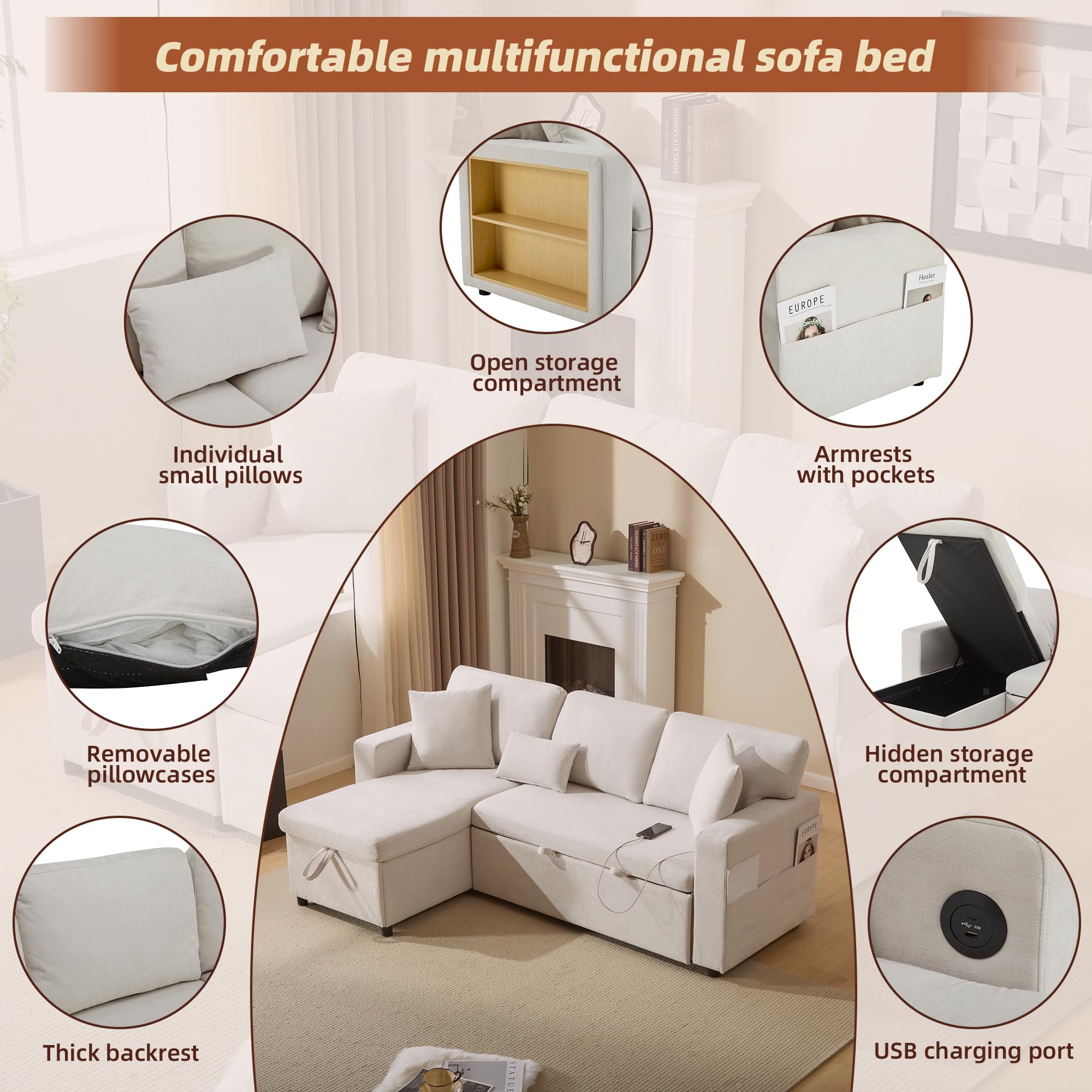 Zepneiy Divano letto estraibile con cassetta, grande divano a 3 posti a forma di L, con USB e ripiano integrato, dire mobili da soggiorno