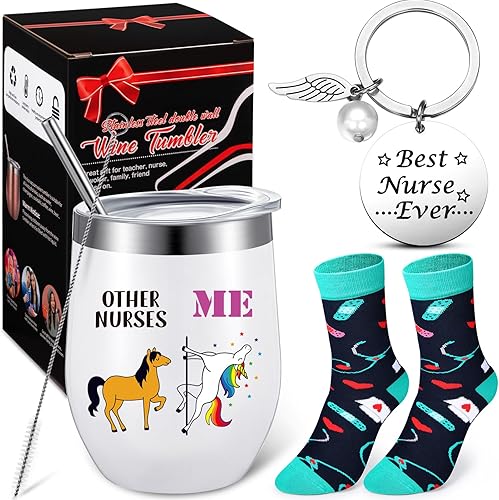 Novedoso juego de regalos de agradecimiento para enfermeras, vasos de vino con temática de enfermería, calcetines y llavero de la mejor enfermera