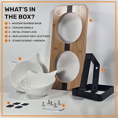 Vista 12 de Soporte elevado para comida y agua para gatos, estación de alimentación elevada antivómitos con soporte inclinado, cuencos redondos de cerámica