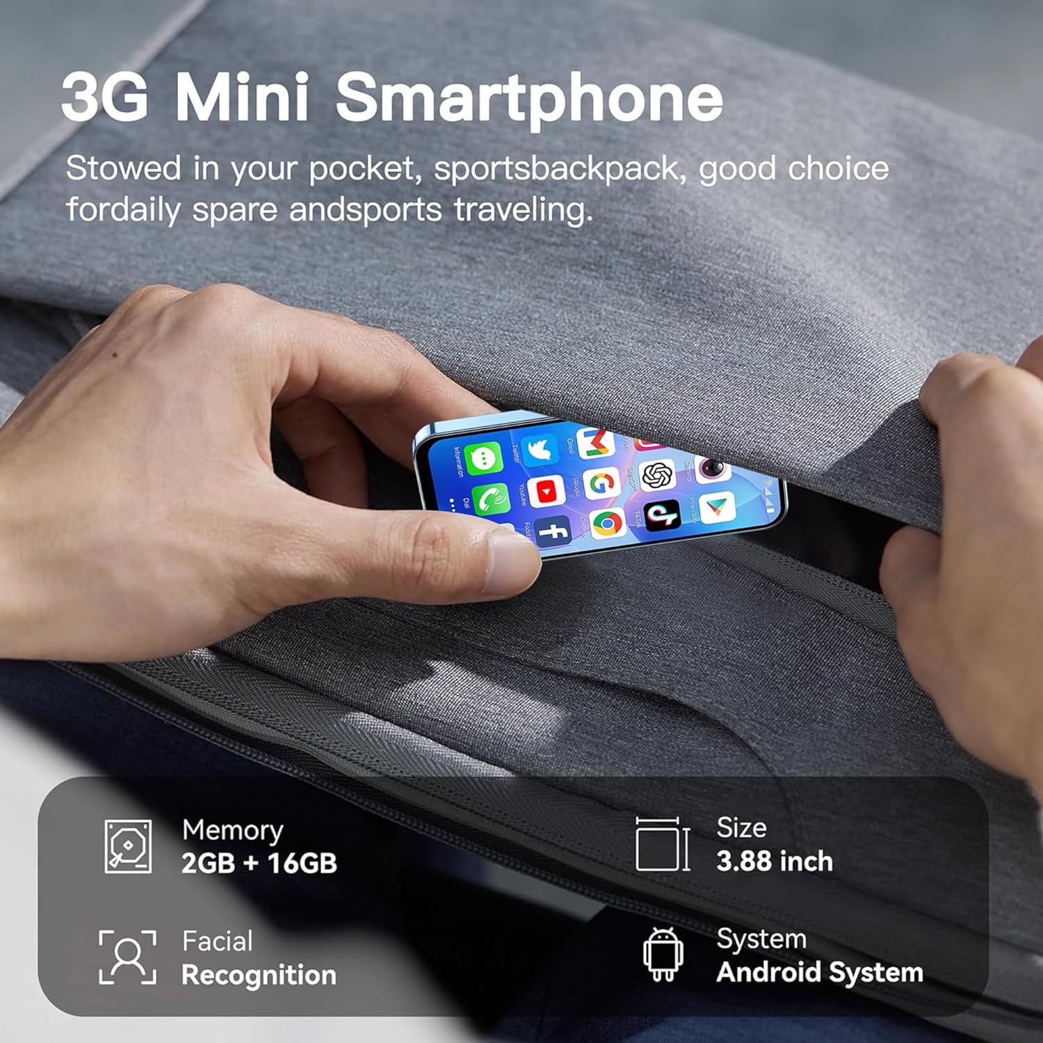 3G Mini Smartphone Unlocked Android System 3.88-Inch HD Touch Screen Mini Phone Dual Cameras Dual SIM Compact Mobile Suitable for Kids and Students 2GB+16GB (Black)