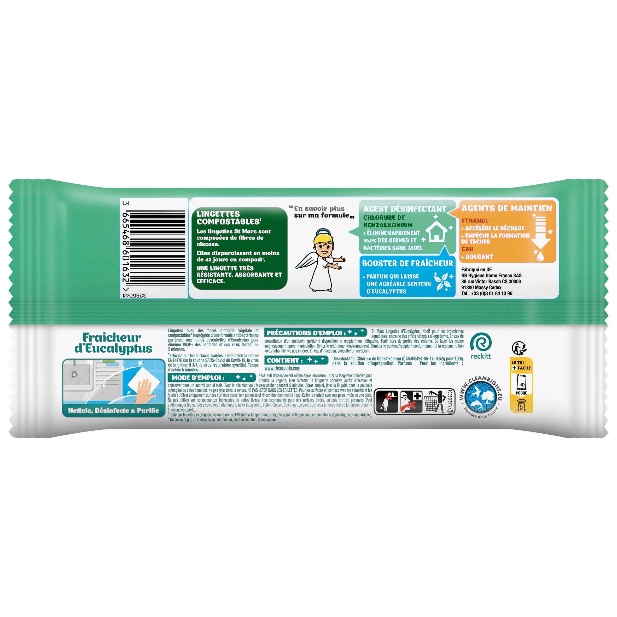 St Marc Lot de 3 sachets de 42 Lingettes Biodégradables Nettoyantes et Désinfectantes aux Huiles Essentielles d'Eucalyptus
