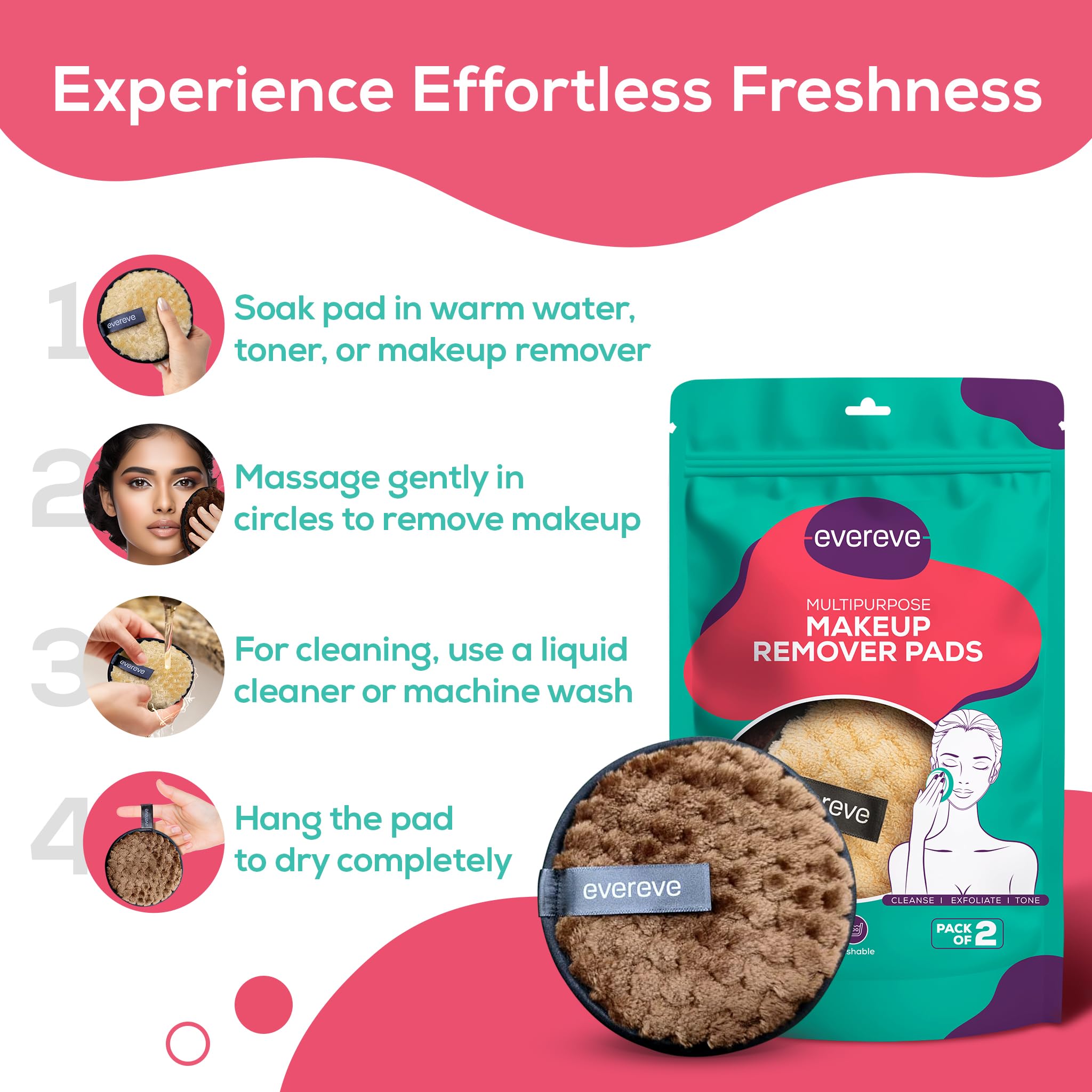Evereve Multipurpose Makeup Remover Pads, Double-Sided Round and Washable Makeup Remover, Super Soft Deep Cleansing Pads, Microfiber Sponge Facial Cleansing Pads, Safe for all skin types, Pack of 2 - Image 5 thumbnail