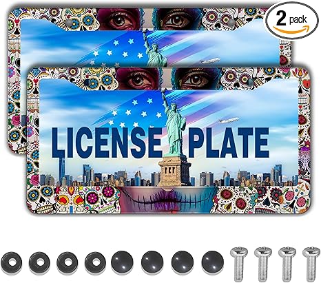 License Plate Frames for Women Multicolor Plate Cover for Men Sugar Skull Universal Aluminum Car Accessory 2 Pack with Screw Covers Set