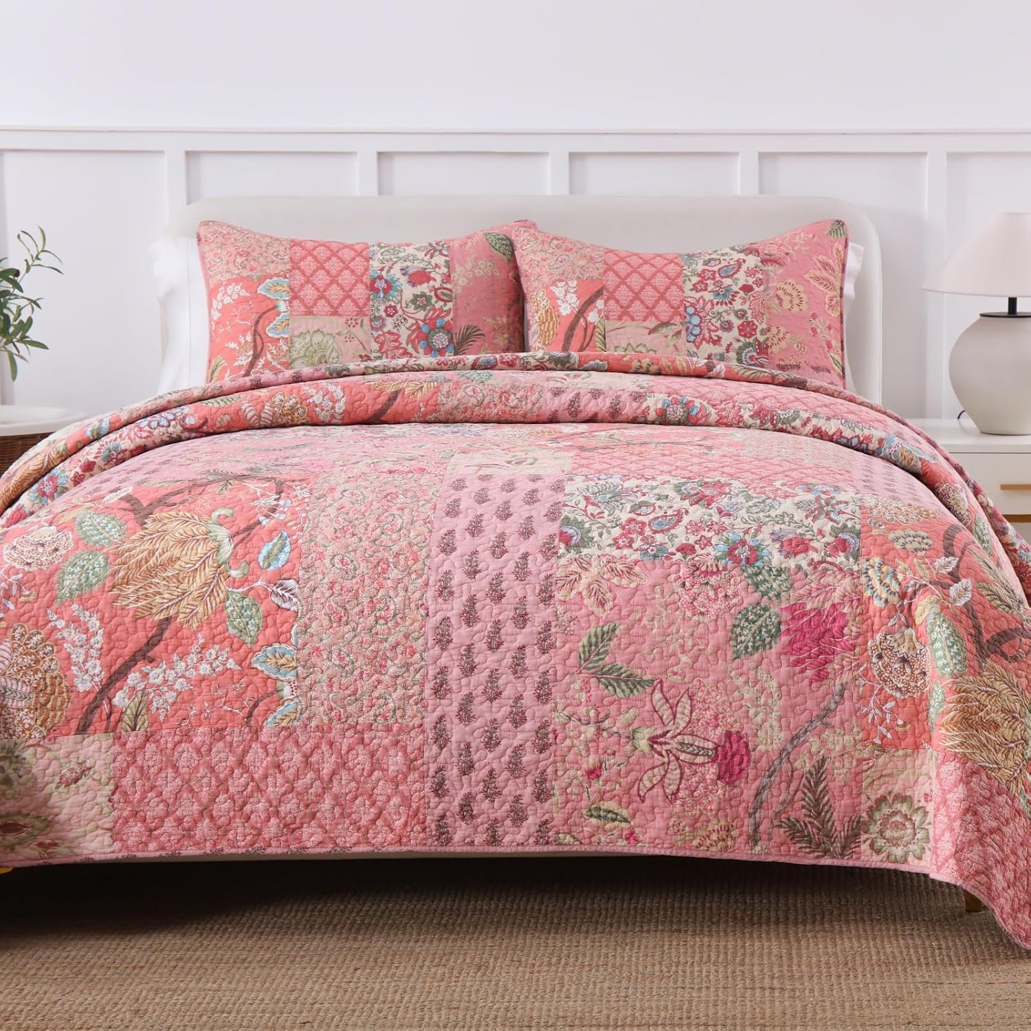 ABREEZE Quilts Queen Size - 100% Cotton Queen Comforter Set Pink Floral Patchwork Farmhouse Quilt Bedding Set, Reversible Lightweight Soft Bedspread, Quilted Coverlet All-Season, 3-Piece