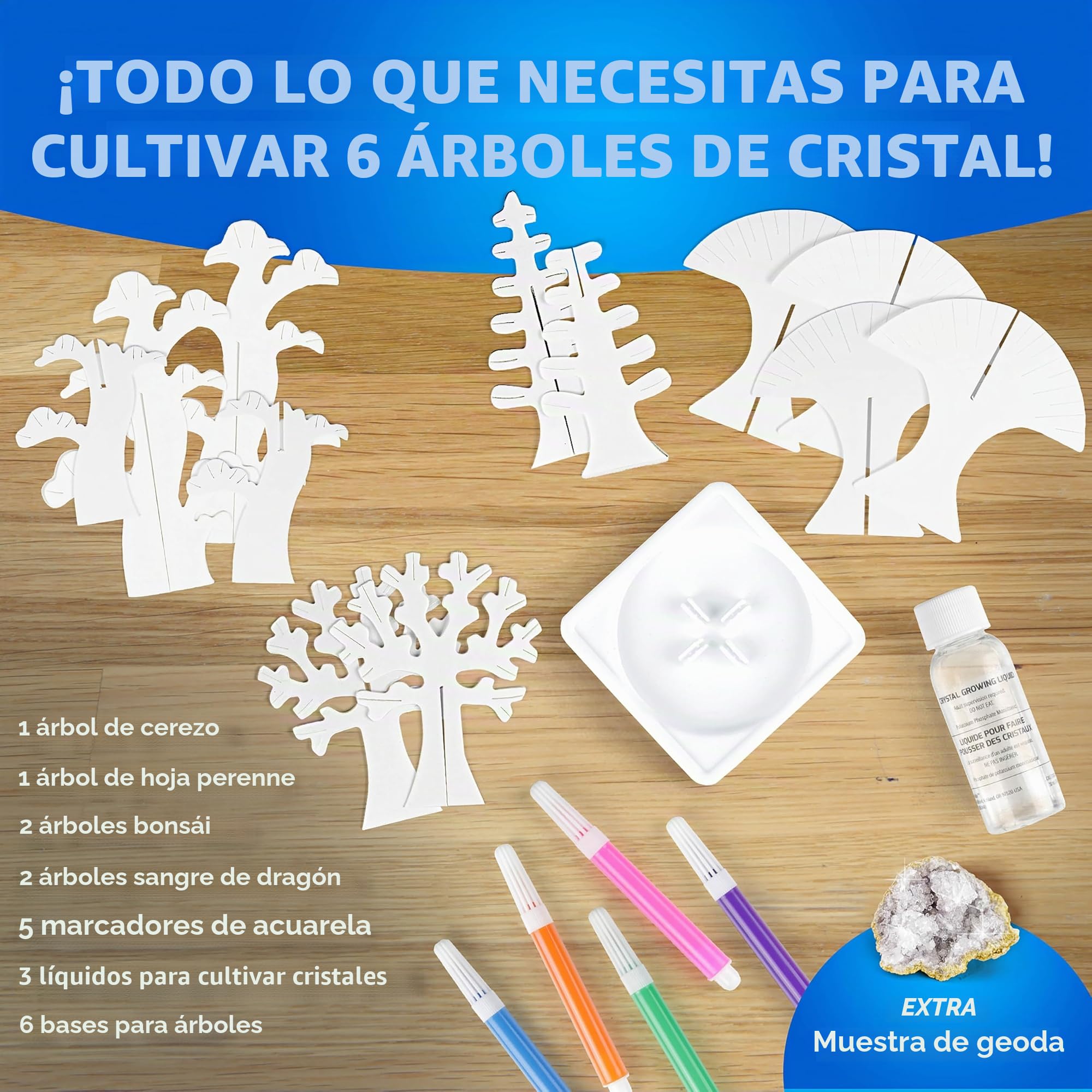 National Geographic Kit de Manualidades para Niños: Kit de Cultivo de Cristales con Suministros de Arte, Geoda y Guía CTIM - Haz Crecer 6 Árboles de Cristal en 6 Horas
