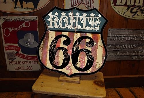 Miniatura 4 de Letrero de hojalata vintage Route 66 con bandera estadounidense nostálgica Letreros de garaje con forma de escudo de 15 x 14 pulgadas, letreros de