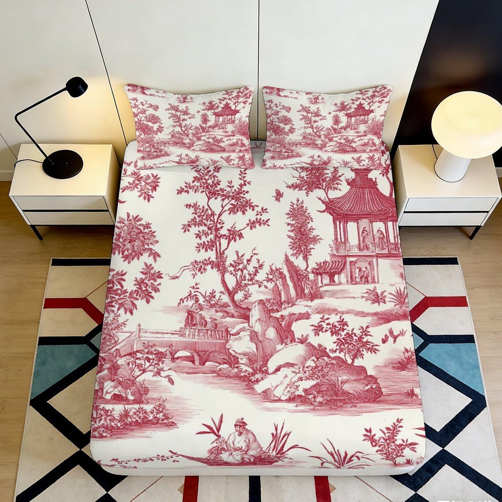Pnayamiorkfel Style-2 3D Printed Oriental Pagoda Landscape Fitted Sheet Microfiber Red White Bed Cover For Bedroom Guest Room Decor 90X200x25cm
