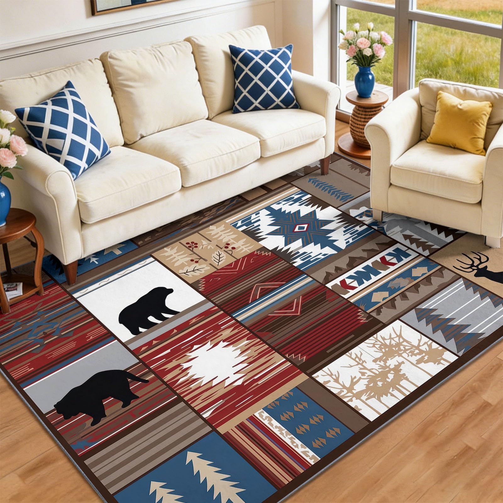 Tapis Rétro Traditionnel 160 x 230 cm Lavable | Poil Court Antidérapant, Tapis Facile d'entretien Géométriques Totems Tribaux Silhouettes Animales, Choix pour Chambre d'amis Salon et Salle à Manger