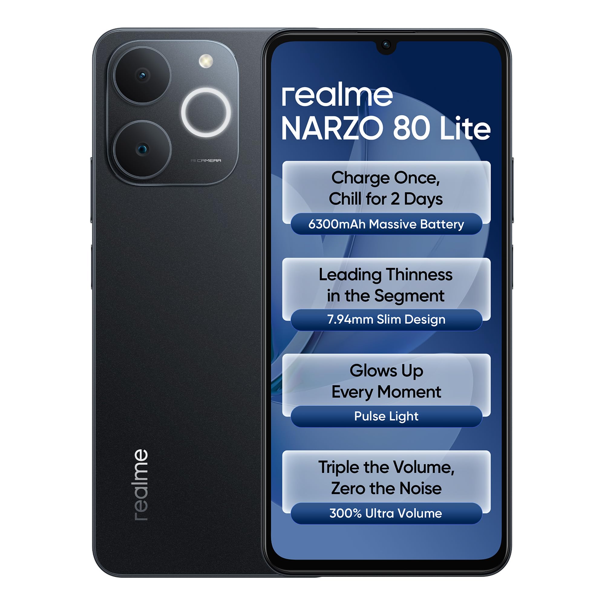 realme NARZO 80 Lite 4G (Obsidian Black 2026, 4GB+64GB) | 6300mAh Segment's Biggest Battery | 7.94mm Slim Design | 300% Ultra Volume | Pulse Light: 9 Colors, 5 Glow Modes | Ai Assist-image-38