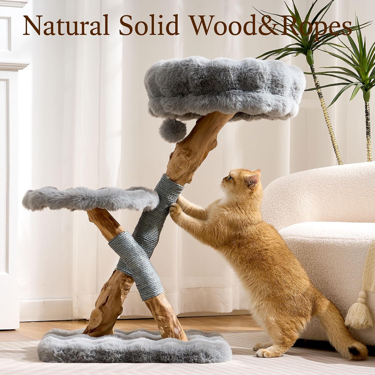 HITTITE Natural Wood Cat Tree Tower with Scratching Post, 32 Inches Tall Modern Cat Tower with Cozy Bed and Platforms, Luxury Real Branch Cat Tree for Indoor Cats Large Adult, Grey.