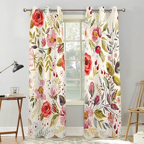 Miniatura 7 de Renaiss Cortinas opacas botánicas florales para ventana de dormitorio, con ojales, aislamiento térmico, para sala de estar, juego de 2 paneles de 42