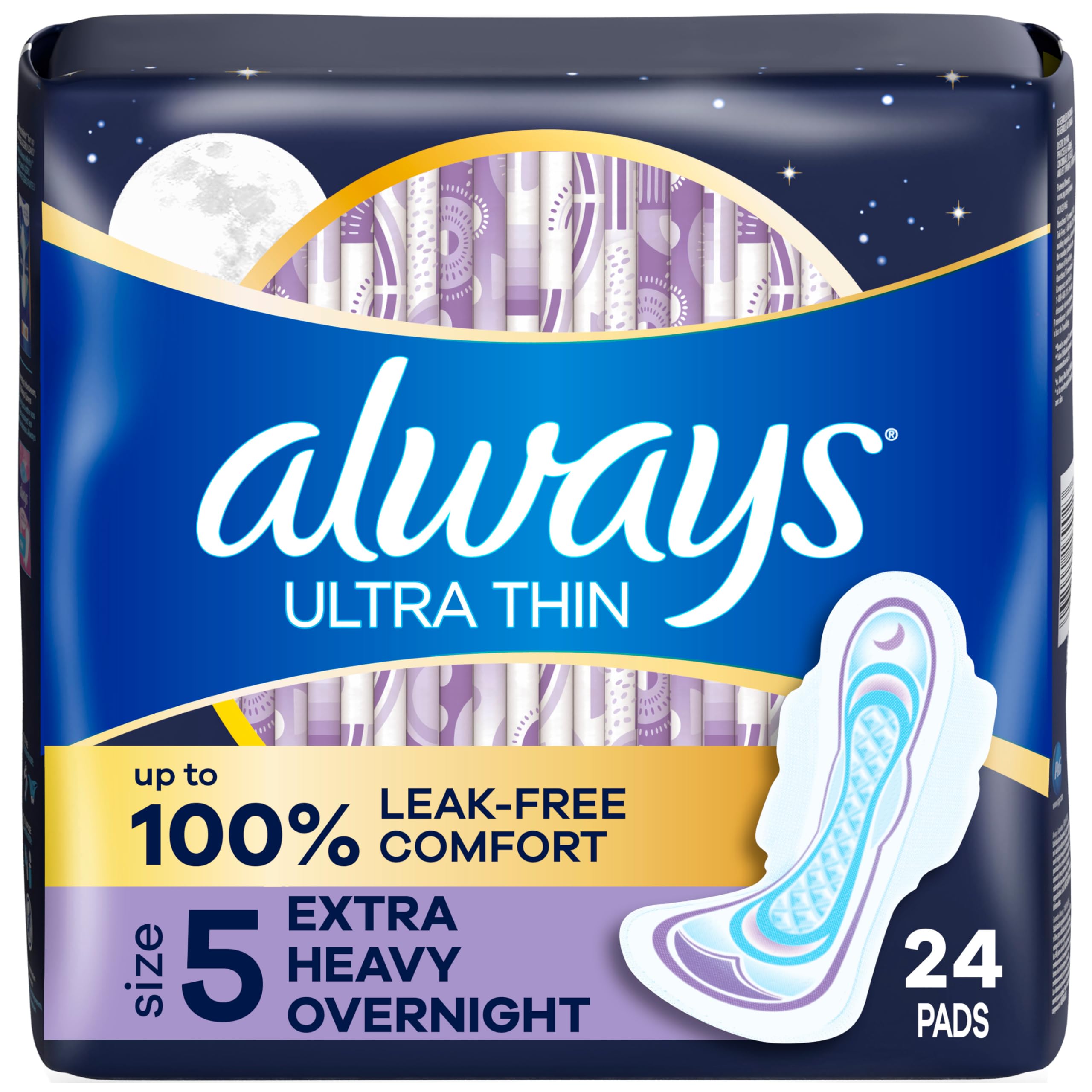 Always Ultra Thin Feminine Pads For Women, Size 5 Extra Heavy Overnight Absorbency, With Wings, Unscented, 24 Count