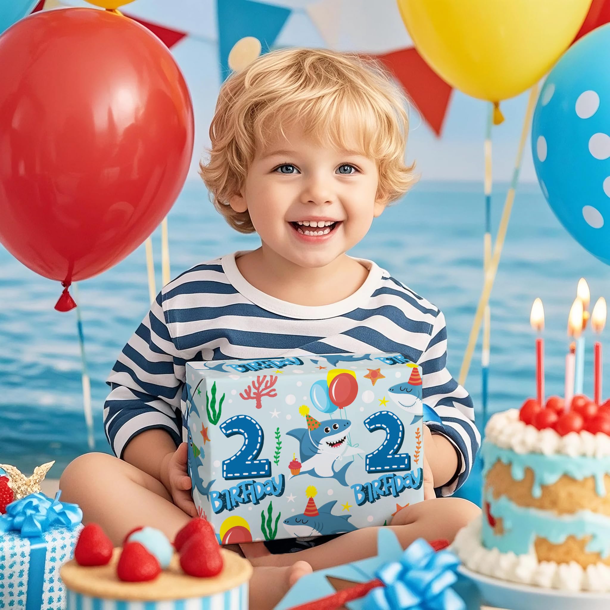 WRAPAHOLIC Rollo de papel de regalo de segundo cumpleaños – Mini rollo – 17 pulgadas x 16.5 pies – Papel de regalo colorido de tiburón océano perfecto para cumpleaños de niños, baby shower