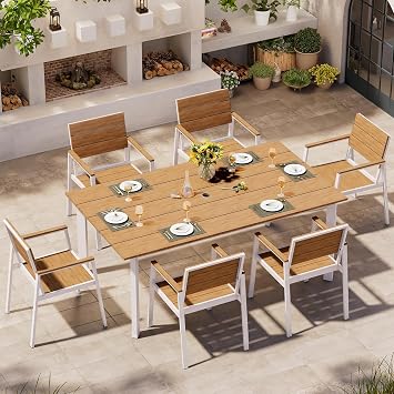 Outdoor Dining Set for 6, Patio Table and Chairs Set with Umbrella Hole, 7 Pieces HDPS + Aluminum Outdoor Furniture Sets for Patio, Garden White & Teak