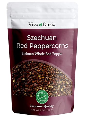 Viva Doria Granos de pimienta Szechuan rojo, pimienta integral de Sichuan, esterilizada al vapor, 8 onzas (8.01oz)