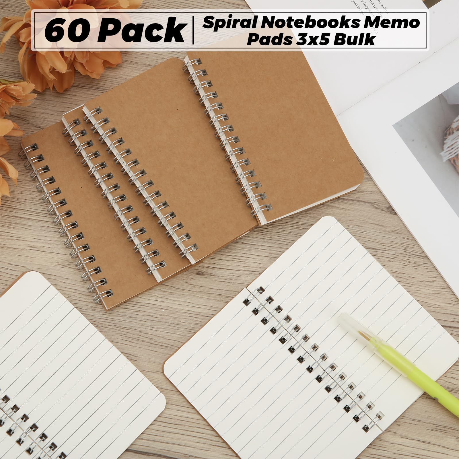 MIVIDE Lot de 60 petits carnets à spirales en vrac, 7,6 x 12,7 cm, mini blocs-notes lignés avec couverture en kraft pour notes, école, affaires, bureau (60 feuilles/120 pages)