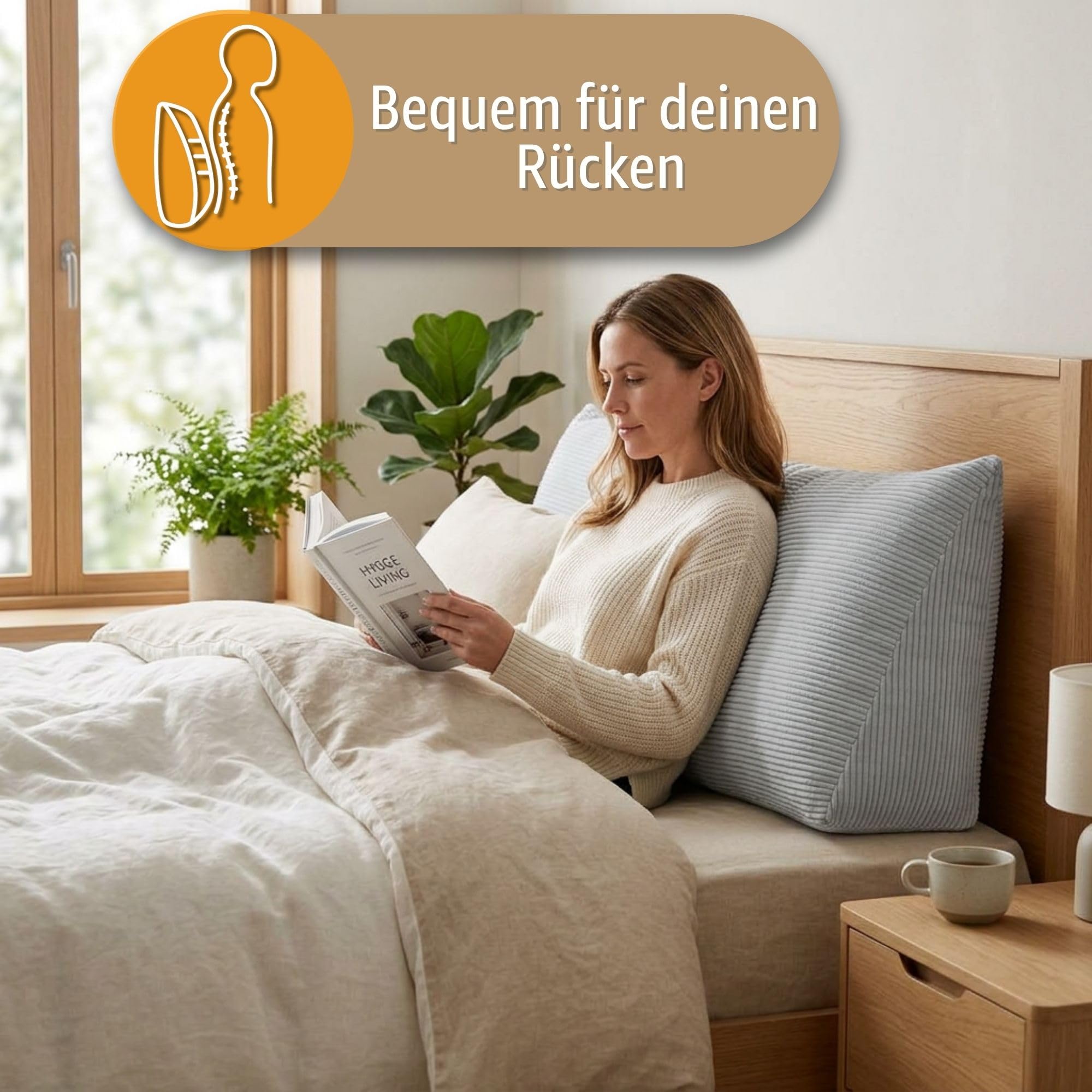 Amazinggirl Coussin de Lecture pour lit Sofa et canapé 70 cm - Grand Dossier de lit Triangulaire – Oreiller de Lecture Appui pour Le Dos Coussin canape pour Lire Le Soir Gris Clair – Velours côtelé
