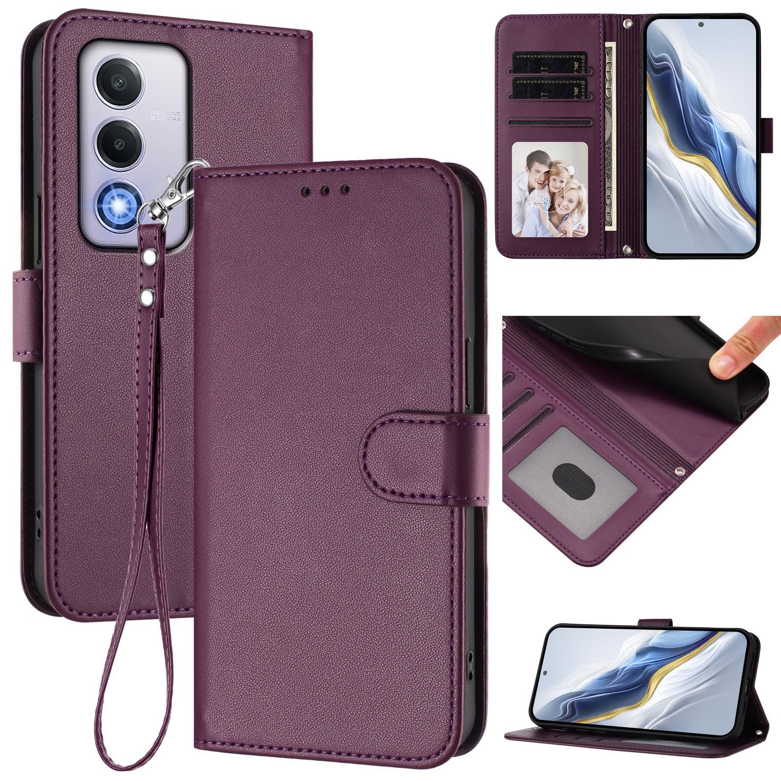 Étui portefeuille Oppo Reno 12 5G finition cuir rabat magnétique violet foncé