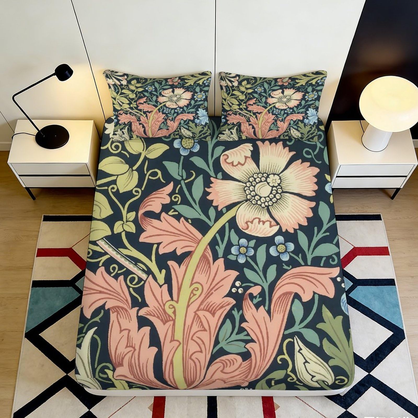 3D Printed Botanical Poppy Fitted Sheet Microfiber Soft Breathable Vintage Floral Bed Cover for Bedroom Guest Room Mattress Protection 90x200x25cm