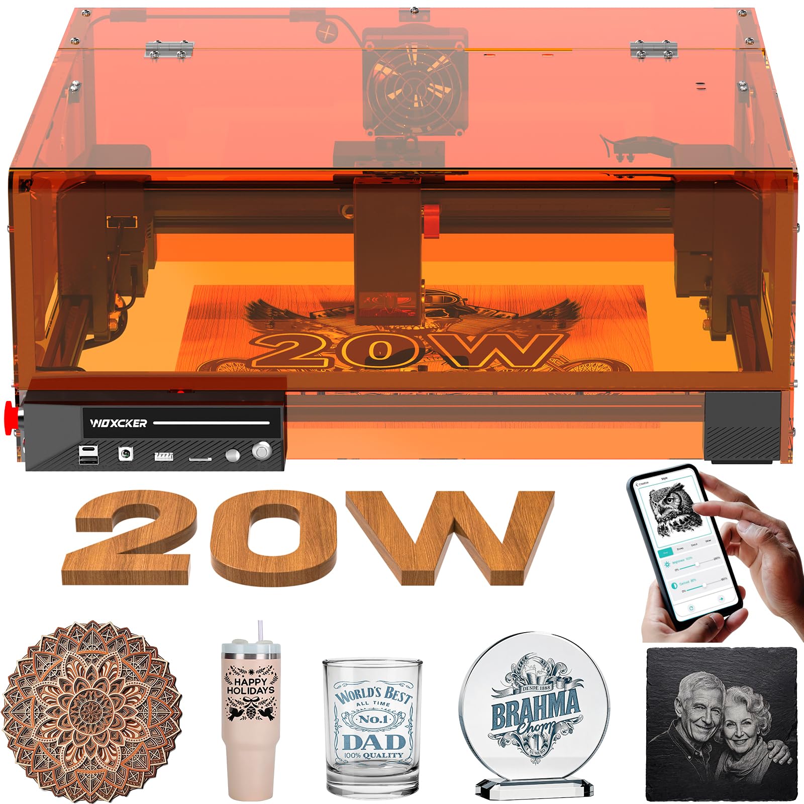Grabadora Láser 20W, Woxcker L2 MAX Cortadora Láser | Grabado y Corte CNC de Alta Precisión para Madera, Metal y Vidrio, Área 300x300mm, Máquina Láser Profesional
