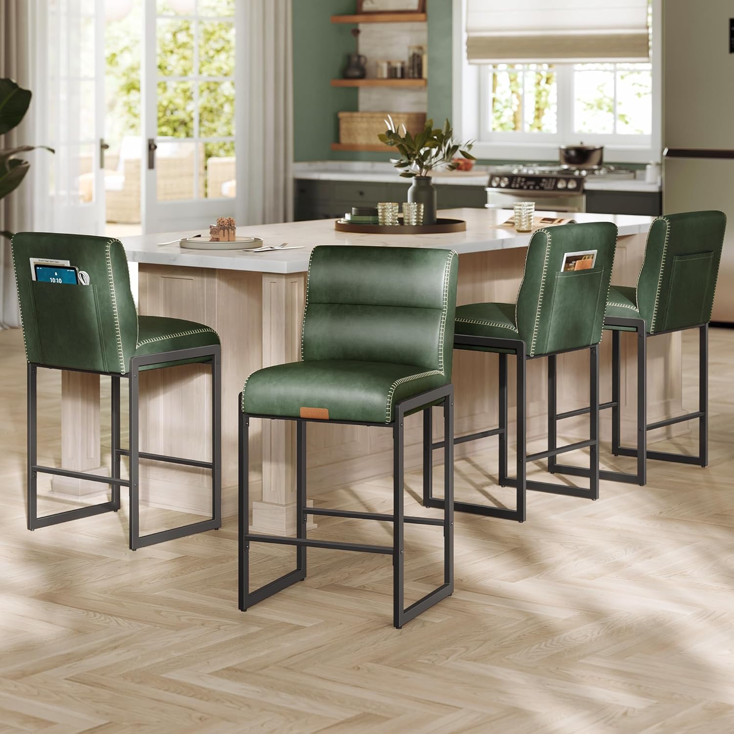 VASAGLE EKHO Collection - Bar Stools Set of 4, Counter Height Stools with Backs, 26.4-Inch Barstools Chairs, Synthetic Leather with Stitching, Mid-Century Modern, Dining Kitchen Island, Forest Green